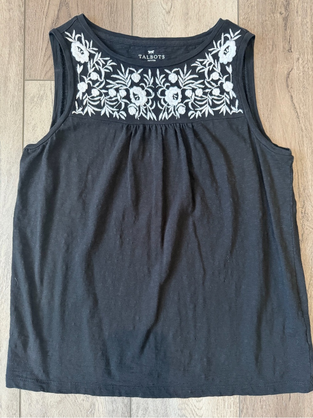 Talbots Classic 100% Cotton Black Sleeveless Embroidered Floral Yoke Tank